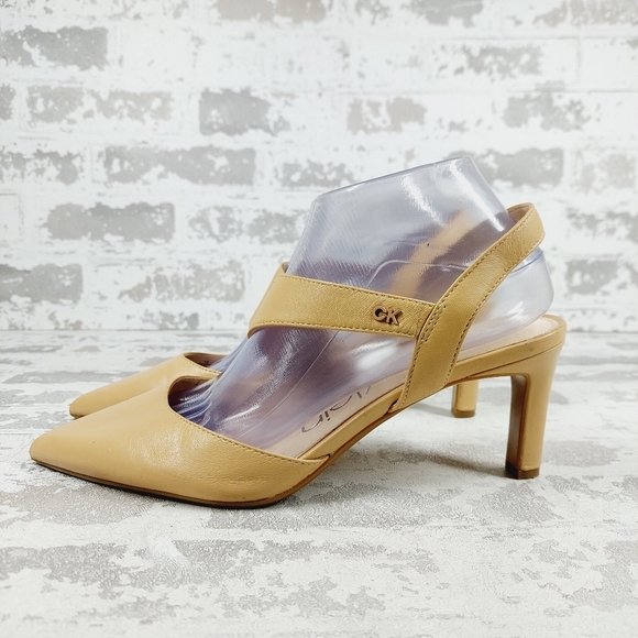 Calvin Klein Larin Leather Pointed Toe Tan Heeled Sandals O407 - Picture 1 of 16